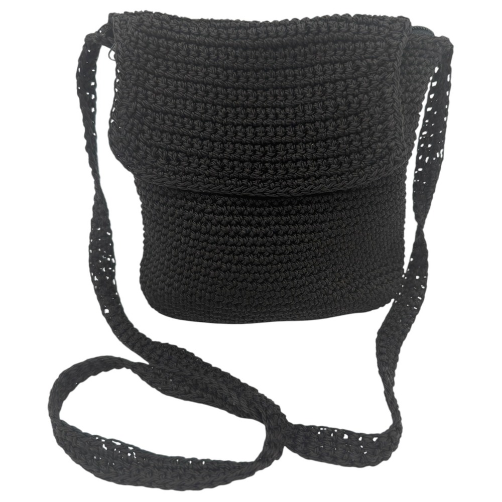 Black‎ Crochet Crossbody Bag Zipper Flap Hand Knit Style Messenger Purse Small